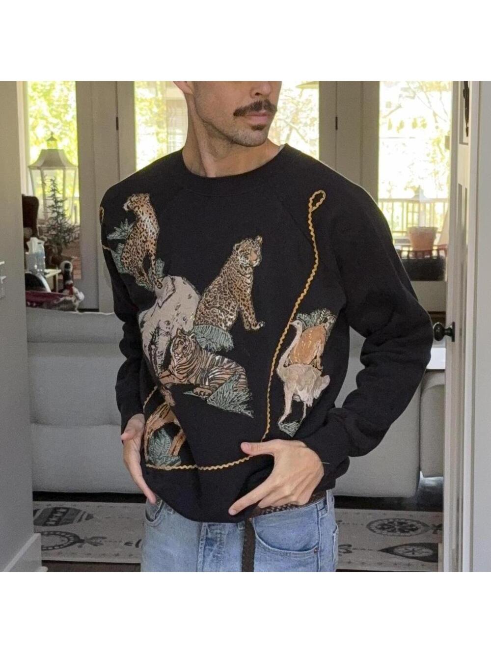 🦁 Vintage Puff Paint Safari Crewneck XL 80s Animal Graphic USA Rare